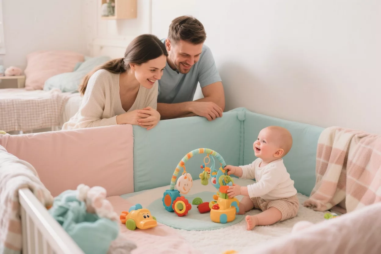 мама и папа смотрят на ребёнка, который играет в безопасном уголке для детей