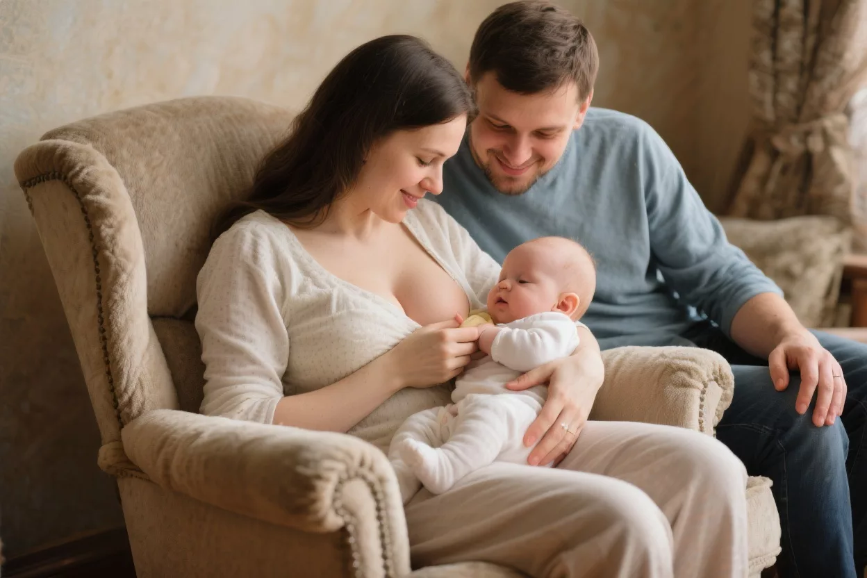 мама кормит грудью в тёплом уютном кресле