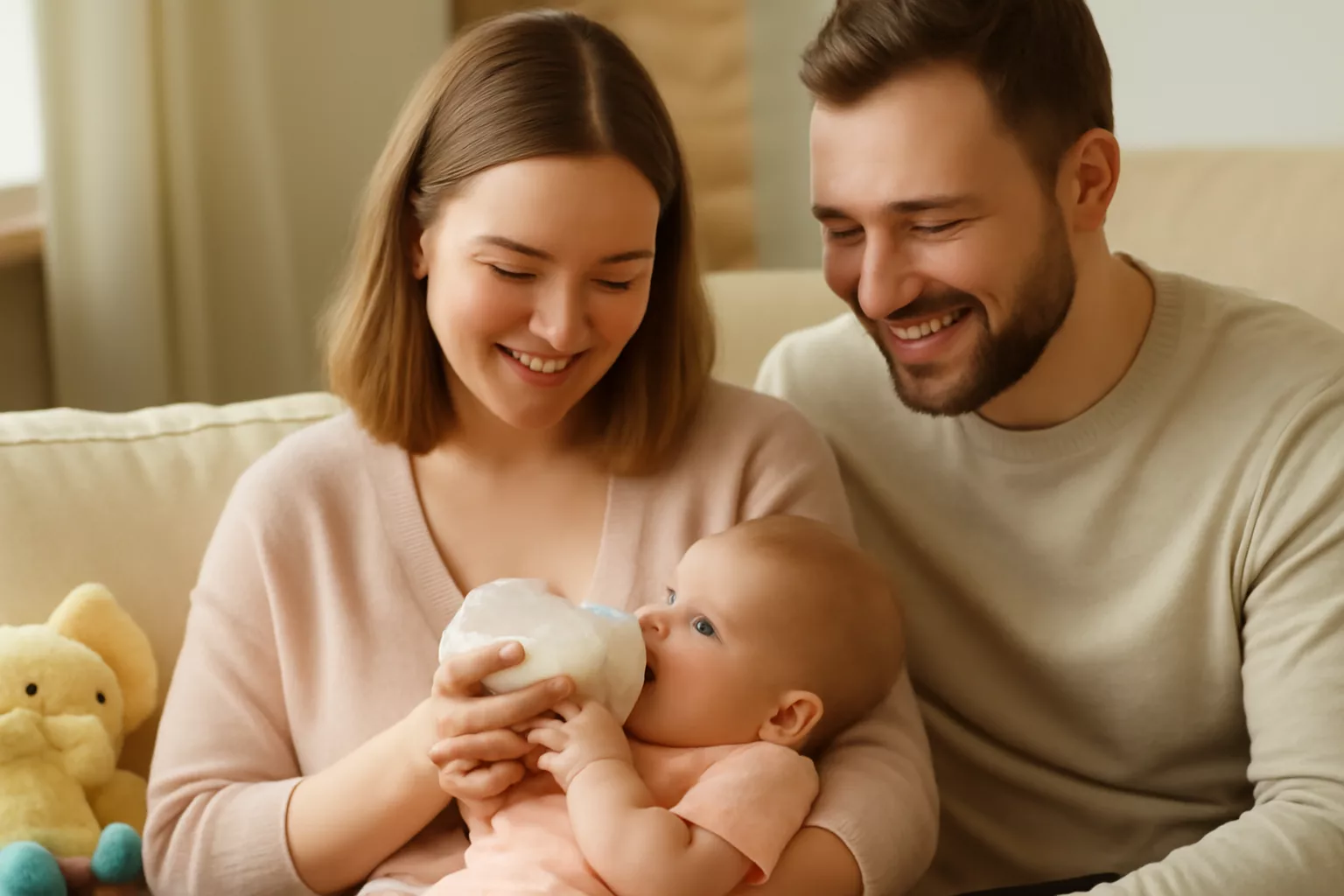 мама кормит ребёнка из бутылочки в уютной гостиной