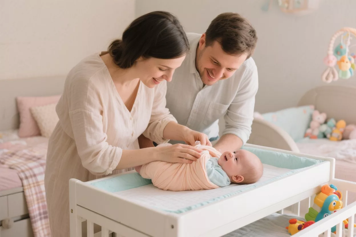 мама пеленает малыша на пеленальном столе