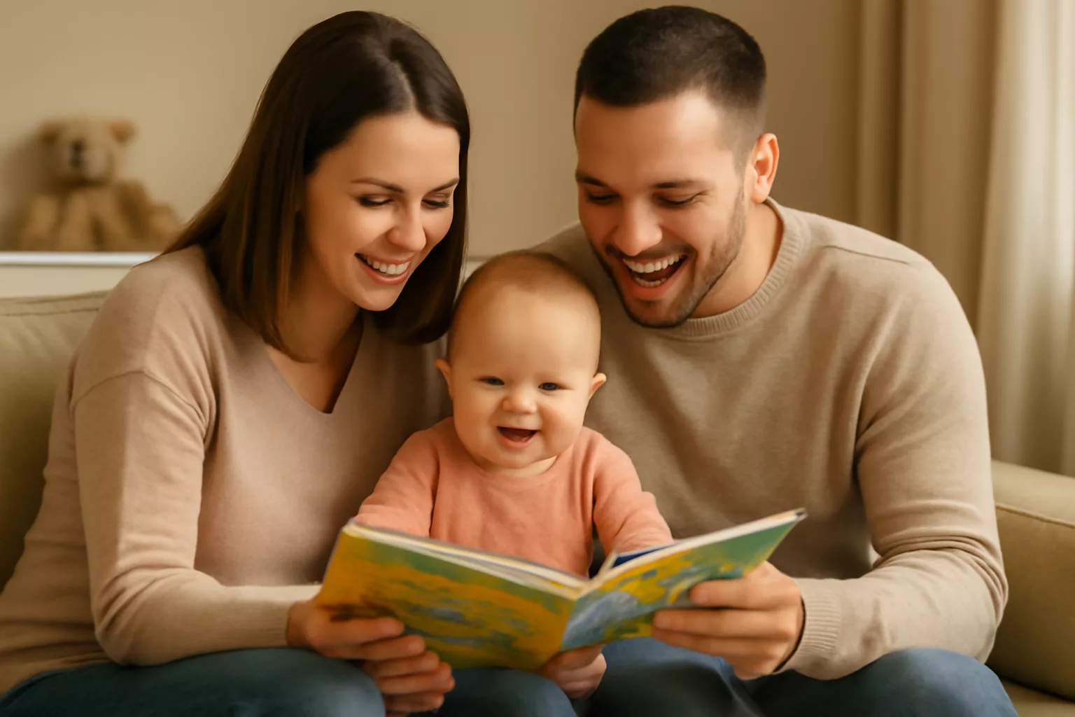 папа и мама читают малышу книгу с картинками