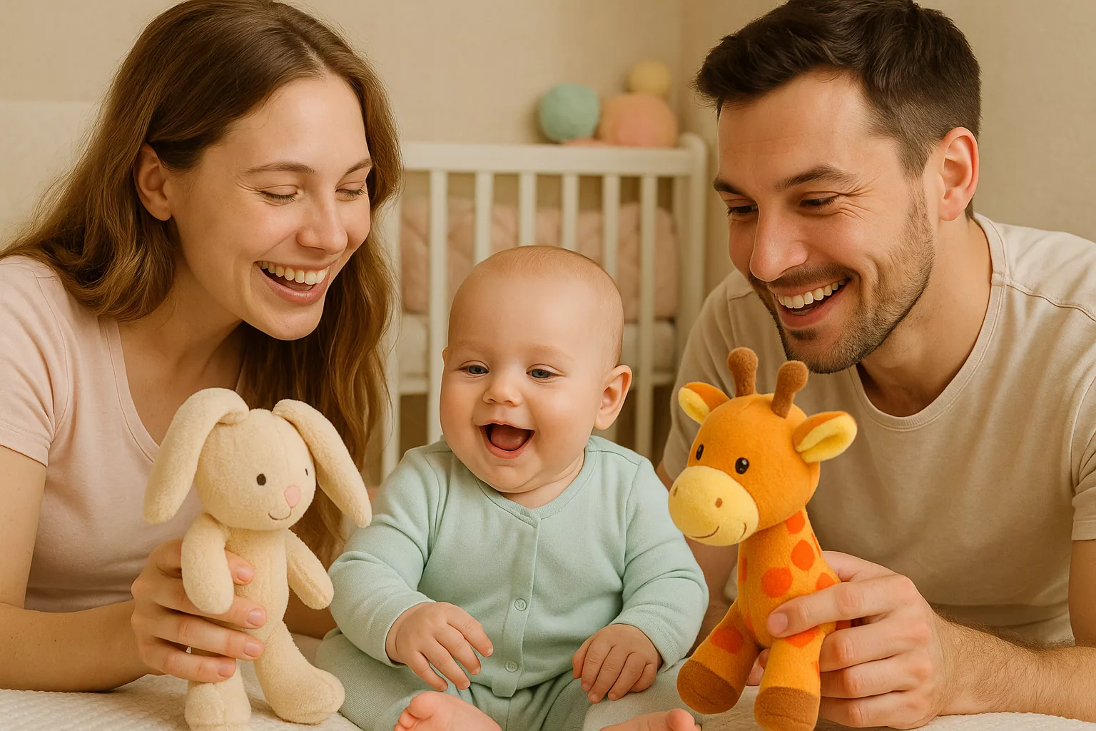 папа и мама играют с ребёнком в мягкие игрушки