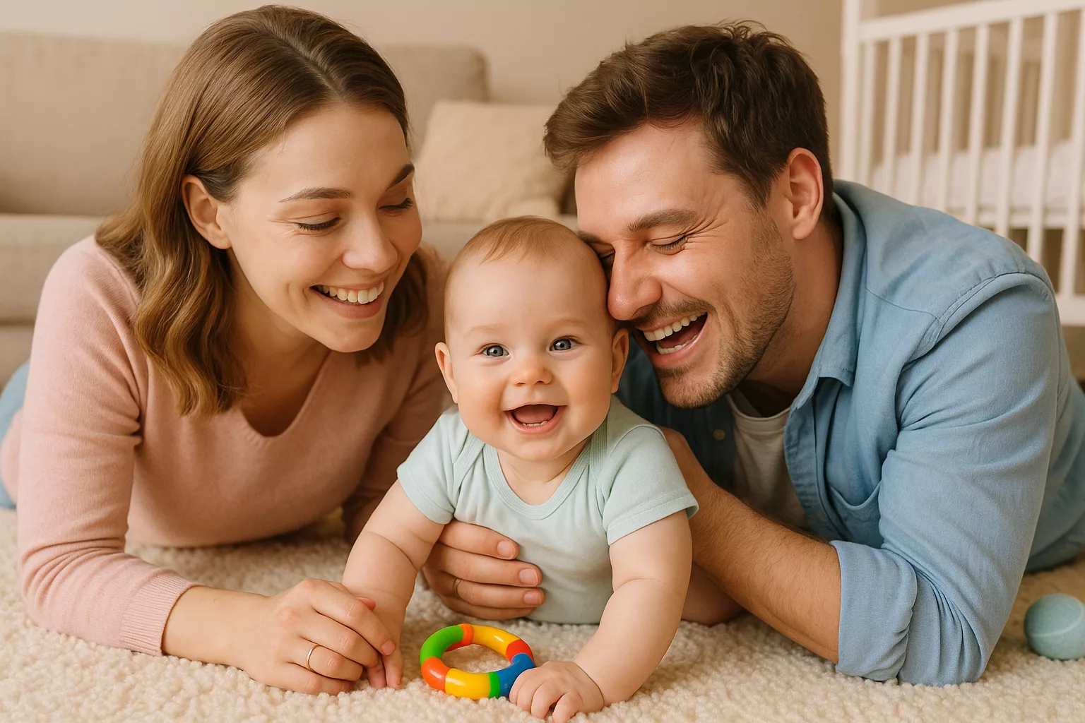 папа обнимает ребёнка, играя с ним на ковре