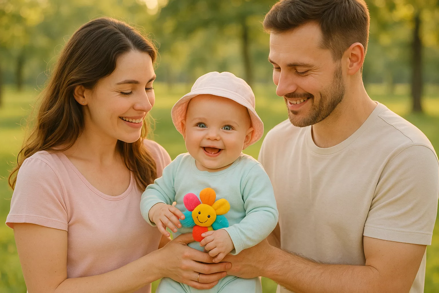 семья на прогулке в парке — мама и папа держат ребёнка на руках